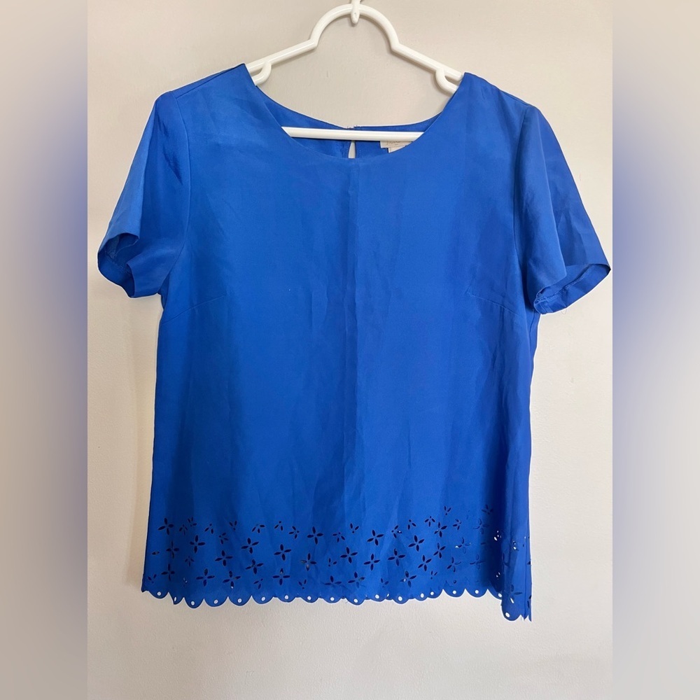 J.crew Royal Blue Laser Cut Eyelet Scalloped Hem Blouse Size Small.